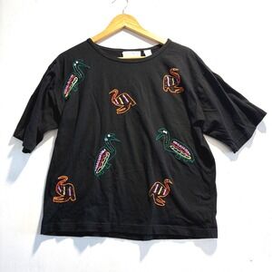 Passports Pier 1 Imports Vintage Black Cotton Embroidered Bird T-Shirt Medium